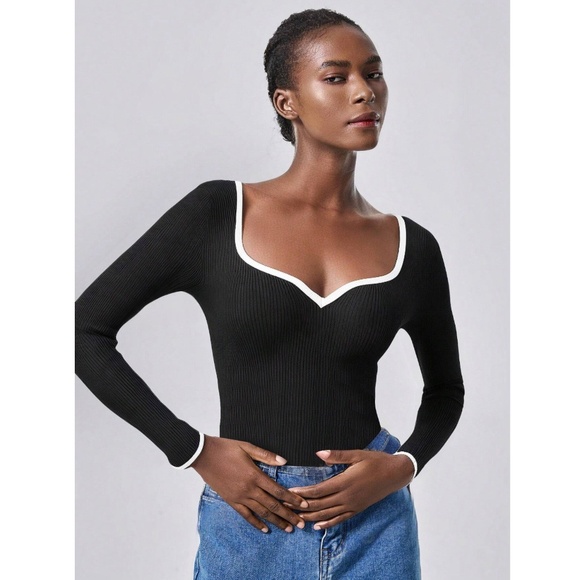 Black Rib Knit Sweetheart Contrast White Trim Long Sleeve Fitted Sweater Top - Picture 8 of 16